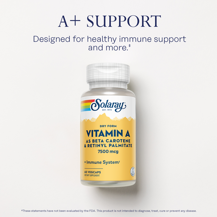 A bottle of Solaray Vitamin A supplement is displayed against a light background. The label indicates it contains beta carotene and retinyl palmitate, with a dosage of 7500 mcg. Text above reads "A+ Support," emphasizing immune support benefits.