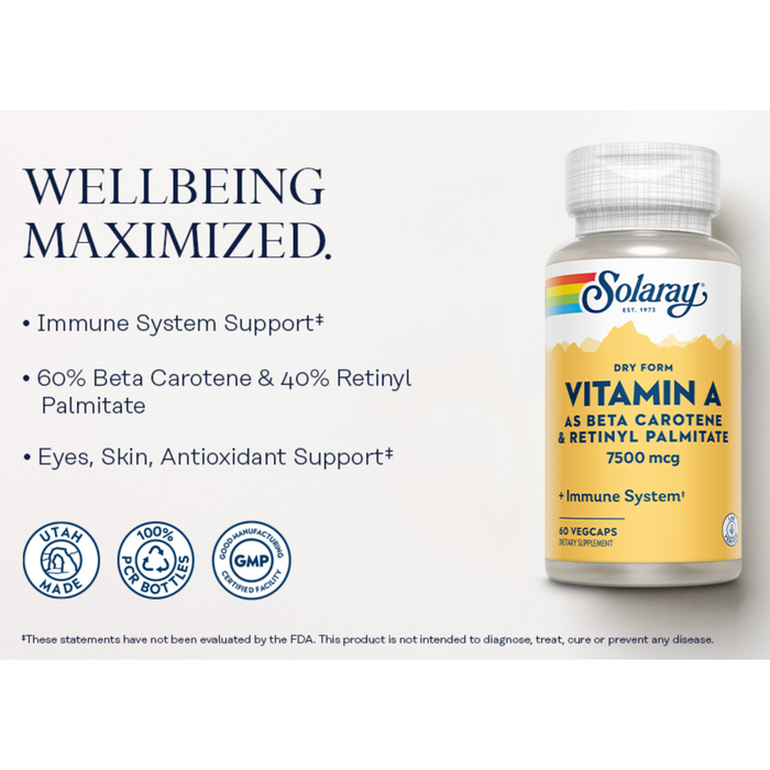 A bottle of Solaray Vitamin A supplement beside text highlighting its benefits: immune system support, and support for eyes, skin, and as an antioxidant. Contains 60% beta carotene and 40% retinyl palmitate, 7500 mcg per serving, 60 vegcaps.