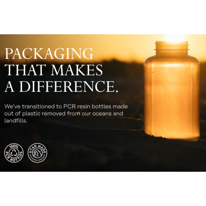 A translucent bottle is illuminated by a warm sunset glow, with text highlighting the use of PCR resin bottles made from ocean and landfill plastic. Circular logos indicate 100% PCR bottles and USA made. Silhouette of landscape in the background.