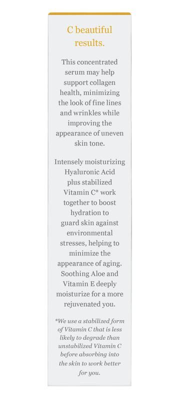The Derma E Vitamin C Concentrated Serum label details its benefits, including supporting collagen health, reducing fine lines and wrinkles, evening skin tone, and moisturizing with Hyaluronic Acid, Stay C-50®, and Aloe.