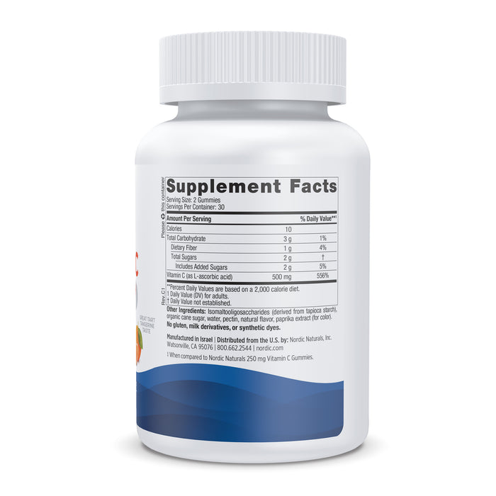 A white bottle of Nordic Naturals Vitamin C Extra Strength Gummies is displayed, showing Supplement Facts and nutritional details on the side. Packed with immune-supporting antioxidants, it has a white cap and sits against a plain background.