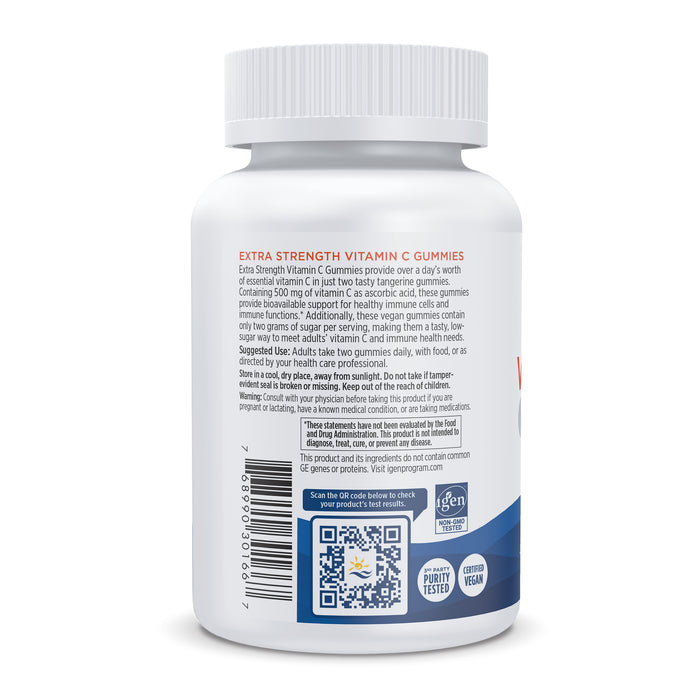 The Nordic Naturals Vitamin C Extra Strength Gummies, rich in antioxidants, boost immune function. The white bottle features a child safety cap and provides nutritional information along with usage instructions via QR and UPC codes.