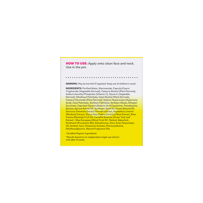 The Derma E Vitamin C Intense Night Cream features a white and yellow label displaying usage instructions in bold red text, an ingredients list, warnings, and a note on independent clinical results—all elements that perfectly showcase this anti-aging moisturizer.
