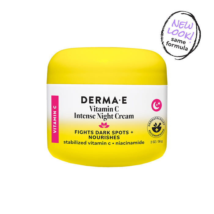 A yellow jar of Derma E Vitamin C Intense Night Cream with a pink and white label. This overnight moisturizer is designed to fight dark spots and nourish your skin while you sleep. The packaging features a “New Look! Same Formula” sticker on the top right.