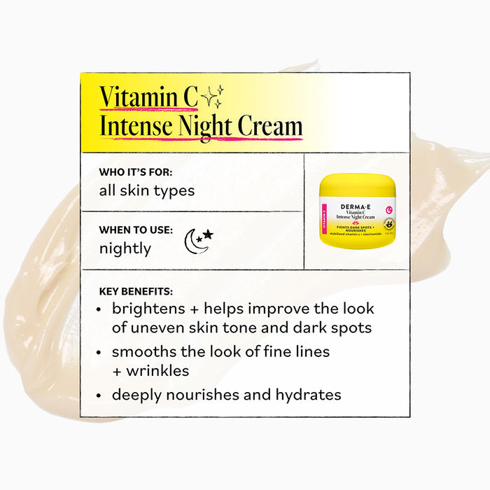 A chart for Derma E Vitamin C Intense Night Cream, an advanced anti-aging moisturizer, displays its uses, instructions, and benefits alongside a product image and a beige cream smear in the background.