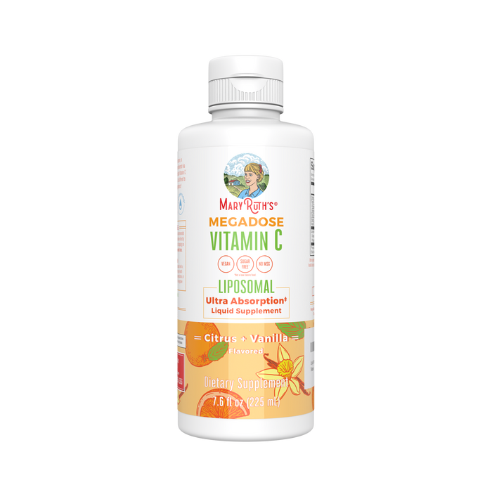 MaryRuths Vitamin C Liposomal supplement bottle, designed for enhanced absorption, features a predominantly white label with orange accents stating Citrus Vanilla Flavor. It holds 7.6 fluid ounces (225 ml).
