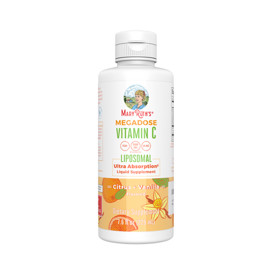 MaryRuths Vitamin C Liposomal supplement bottle, designed for enhanced absorption, features a predominantly white label with orange accents stating Citrus Vanilla Flavor. It holds 7.6 fluid ounces (225 ml).