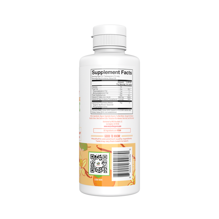 A MaryRuths Vitamin C Liposomal supplement bottle is adorned with colorful floral graphics on a white background, featuring a clear label detailing enhanced absorption, dosage instructions, and a QR code for optimal delivery.