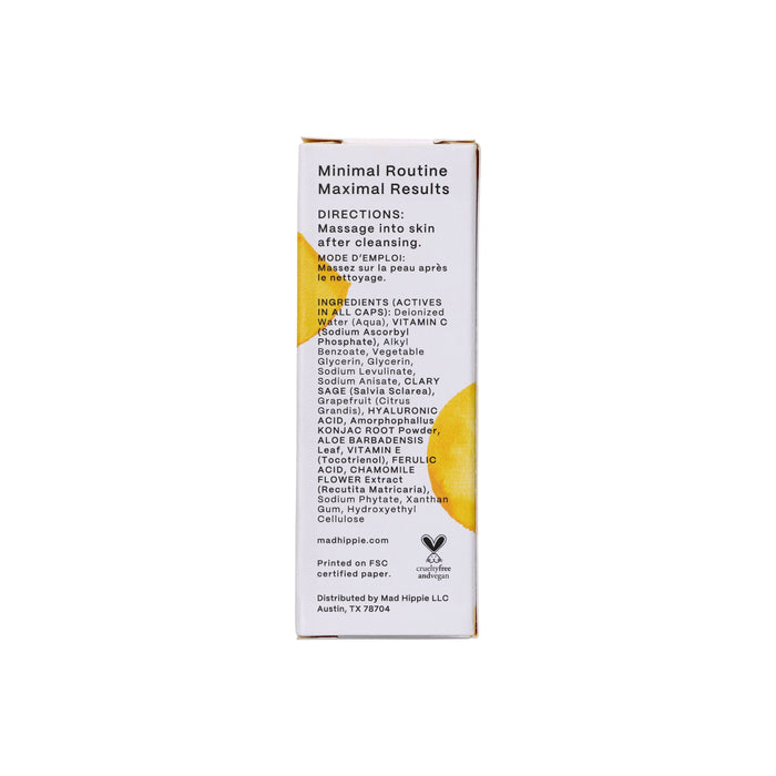 A Mad Hippie Vitamin C Serum box features directions, ingredients, and certifications. It advises application post-cleansing, highlighting eco-friendly and cruelty-free logos. The serum uses antioxidants for radiant skin.