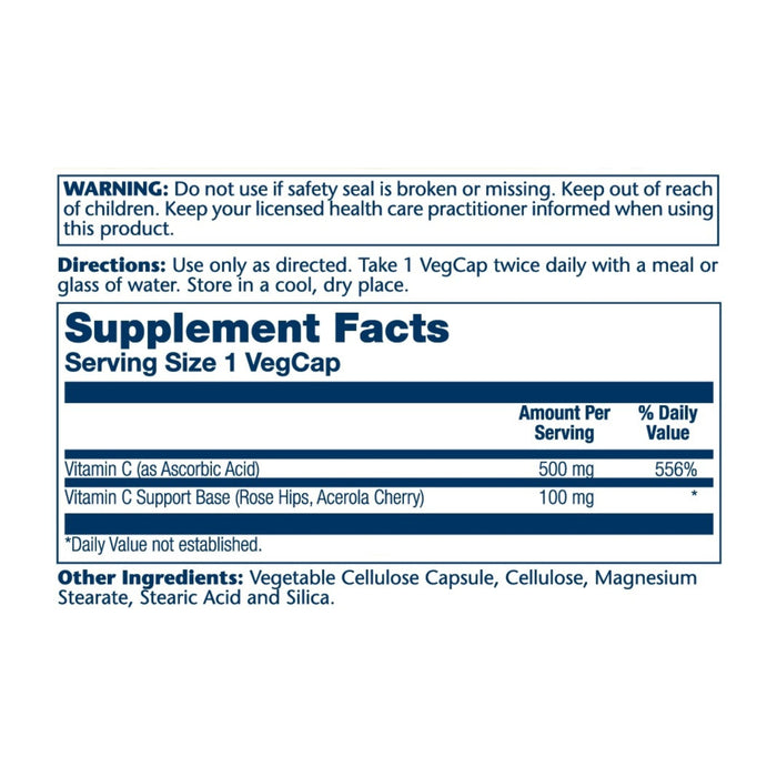 The Solaray Vitamin C Timed Release supplement contains 500 mg of Vitamin C with Rose Hips and Acerola. The label provides ingredient details, usage directions, and safety seal warnings.