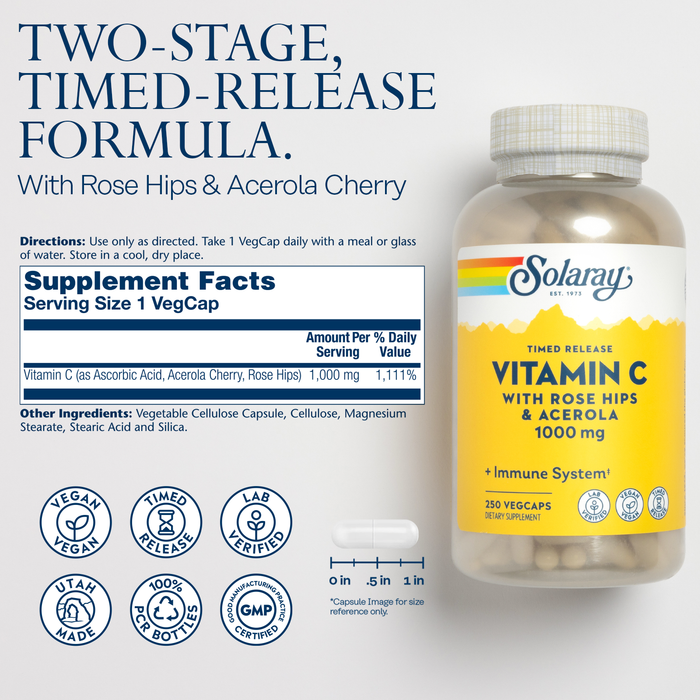 Bottle of Solaray Vitamin C with Rose Hips &amp; Acerola, 1000 mg, displayed alongside supplement facts. Labels highlight vegan, lab verified, and non-GMO certifications. Text emphasizes two-stage timed-release formula for immune support.