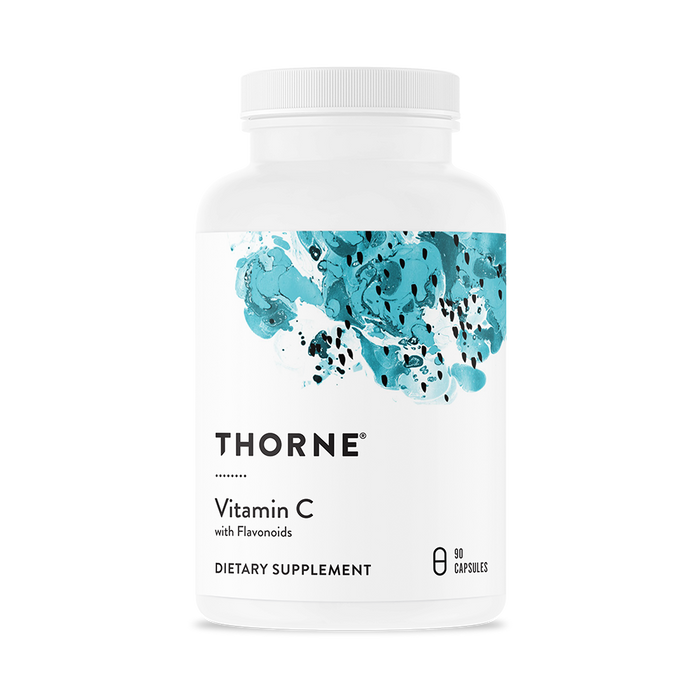 Thornes Vitamin C With Flavonoids comes in a white bottle with a teal abstract label, containing 90 capsules. The text highlights its antioxidant benefits as a dietary supplement.