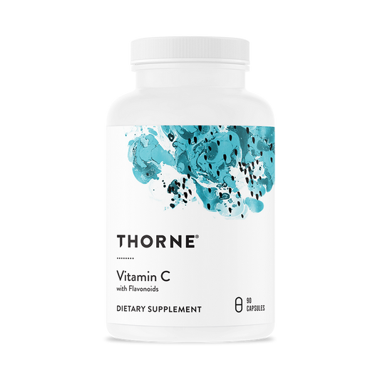 Thornes Vitamin C With Flavonoids comes in a white bottle with a teal abstract label, containing 90 capsules. The text highlights its antioxidant benefits as a dietary supplement.