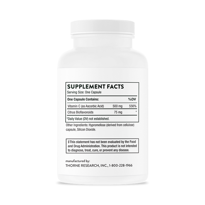 The white-labeled Vitamin C With Flavonoids from Thorne features Supplement Facts, highlighting 500 mg Vitamin C for antioxidants and 75 mg citrus flavonoids. It contains hypromellose and silicon dioxide, with an FDA disclaimer and Thorne Research contact info.