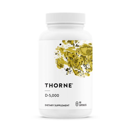 A white bottle labeled Thorne Vitamin D-5000 contains 60 capsules of a Vitamin D3 supplement to support immune function, featuring an abstract design with gold and green splashes.