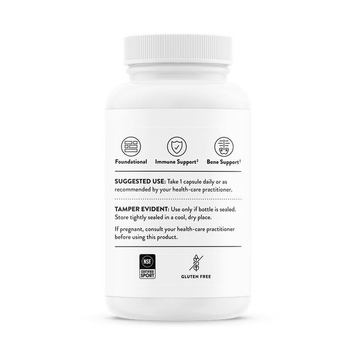 Thornes Vitamin D-5000 supplements come in a white bottle with a label that highlights foundational, immune, and bone support benefits. It contains Vitamin D3 for improved immune function and recommends taking one capsule daily. The bottle is tamper-evident, gluten-free, and NSF certified.