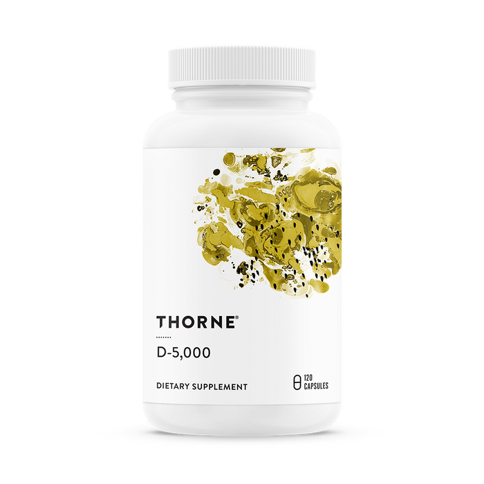 A white bottle of Thorne Vitamin D-5000, featuring a yellow abstract label design. Contains 120 capsules to support immune health.
