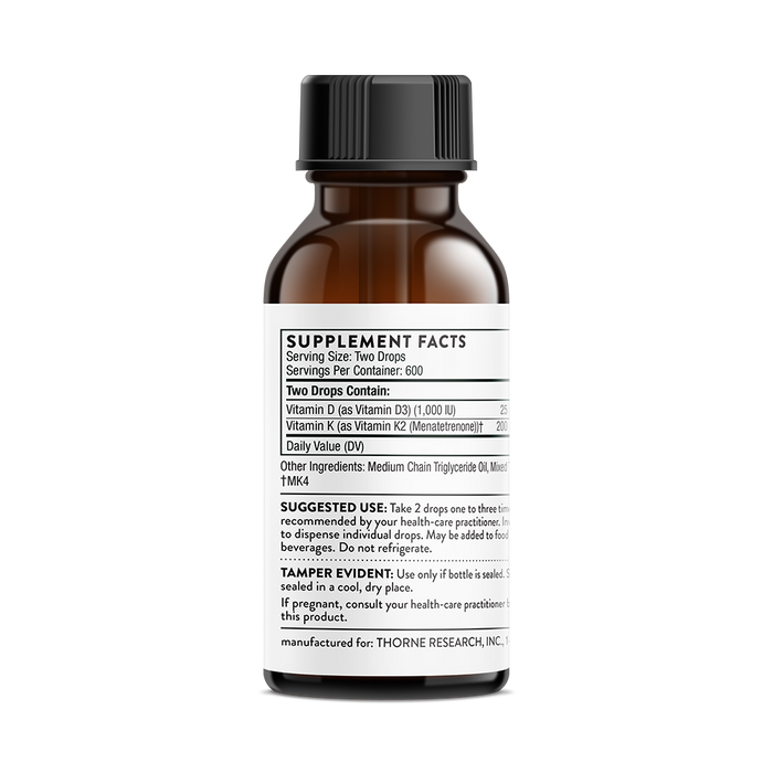 The Thorne Vitamin D + K2 bottle is brown with a white label showcasing supplement facts, including serving size and contents like vitamins D and K, alongside suggested use, tamper evidence, and manufacturer info to support immune health.