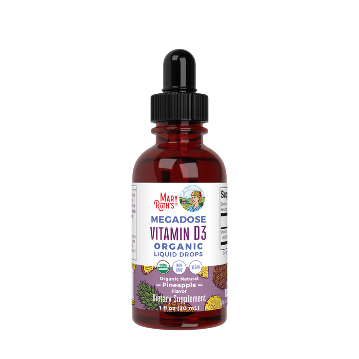 MaryRuths Vitamin D3 Drops enhance bone strength and boost immunity, featuring a pineapple flavor. Its USDA organic, non-GMO, vegan, gluten-free, and sugar-free with a black dropper cap for easy use.
