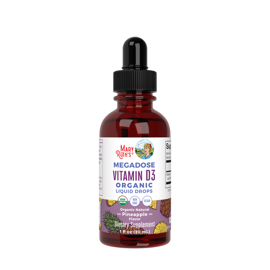 MaryRuths Vitamin D3 Drops enhance bone strength and boost immunity, featuring a pineapple flavor. Its USDA organic, non-GMO, vegan, gluten-free, and sugar-free with a black dropper cap for easy use.
