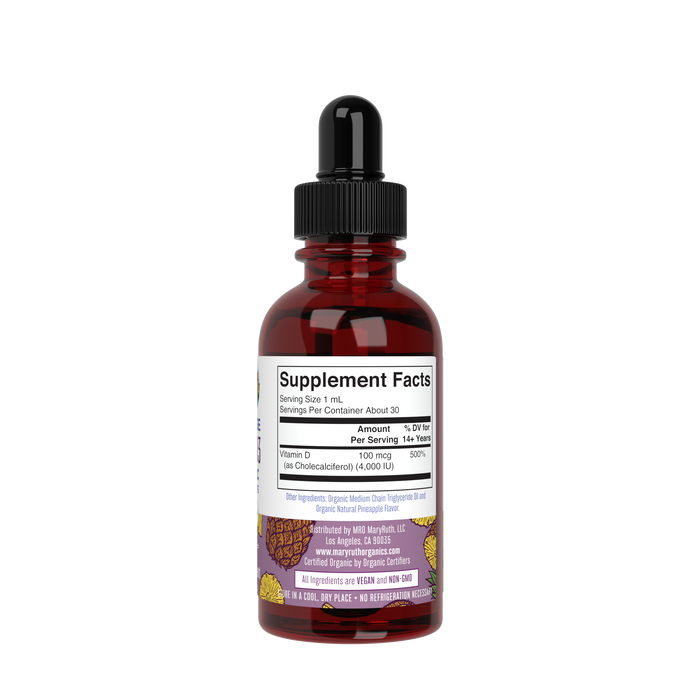 MaryRuths Vitamin D3 Drops come in a brown glass dropper bottle with a label detailing the supplement facts. Featuring a cartoon pineapple, it highlights vegan and non-GMO benefits to boost immunity and bone health. The cap is equipped with a convenient dropper.