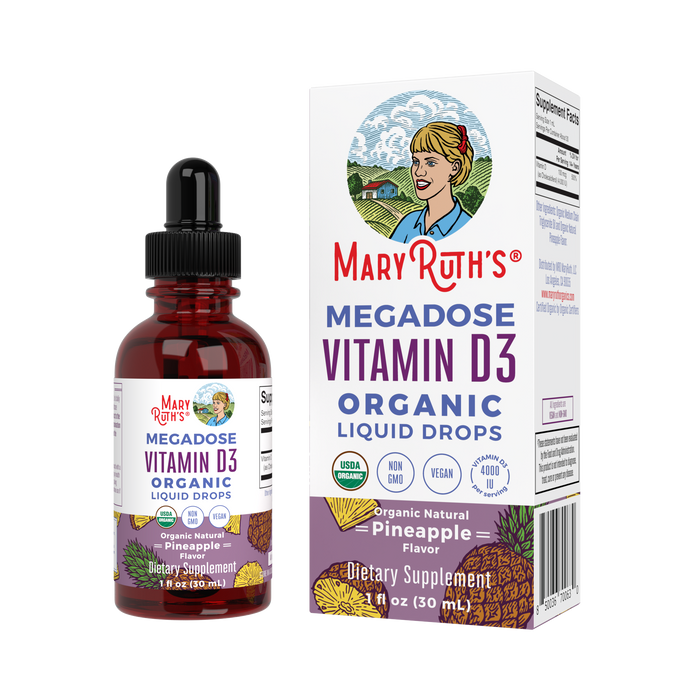 The image features MaryRuths Vitamin D3 Drops in pineapple flavor, with the bottle and box displaying a nature-themed illustration of a woman. The packaging emphasizes its organic, vegan nature and highlights benefits for bone strength and immunity support.