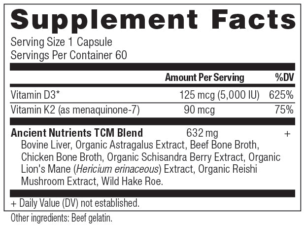 The Ancient Nutrition Ancient Nutrients - Vitamin D Supplement Facts label details Vitamin D3 and K2, highlighting their amounts and daily values for immune support. It includes the Ancient Nutrients TCM Blend with bovine liver, astragalus, schisandra, lion’s mane, and contains beef gelatin.