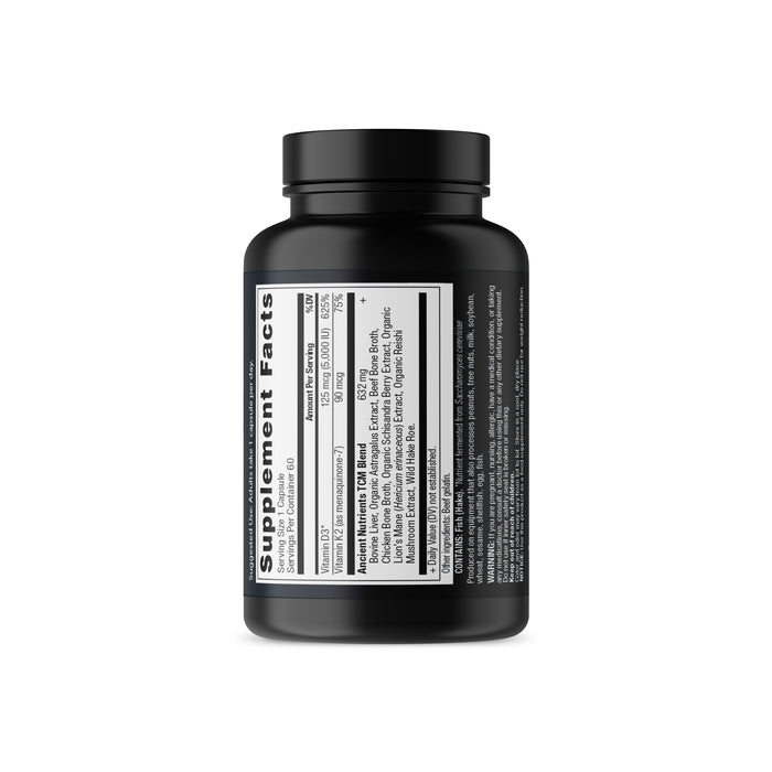 The Ancient Nutrition product, Ancient Nutrients - Vitamin D, features a black cylindrical bottle with a white label detailing dietary information such as Vitamin D for immune health. A secure cap protects the contents, while nutritional facts and ingredients are listed in clear black font.