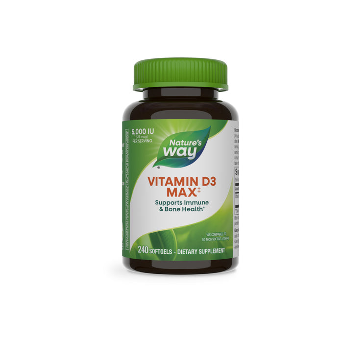Natures Way Vitamin D3 Max bottle with a green cap contains 240 softgels, each providing 5,000 IU per serving to support calcium absorption and immune function.