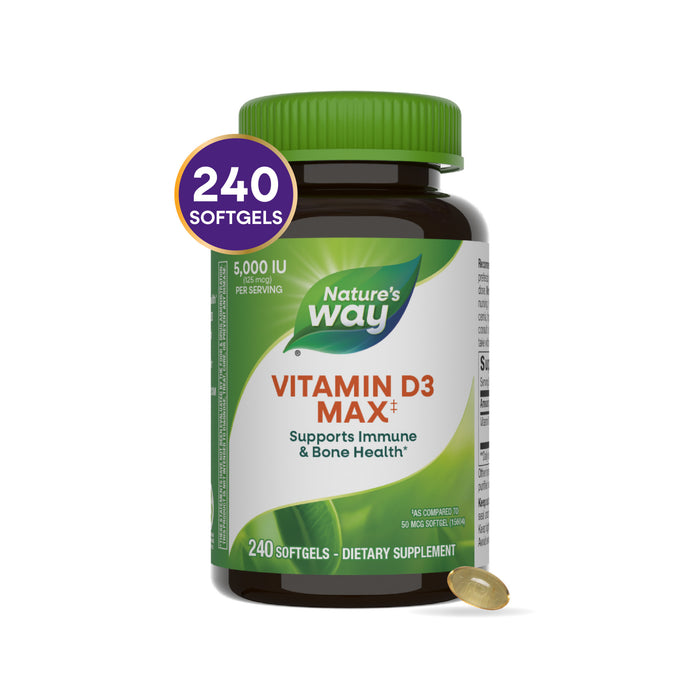 A bottle of Natures Way Vitamin D3 Max, labeled 5,000 IU and Supports Immune & Bone Health, contains 240 softgels to support immune function and calcium absorption; one softgel is displayed next to the bottle.