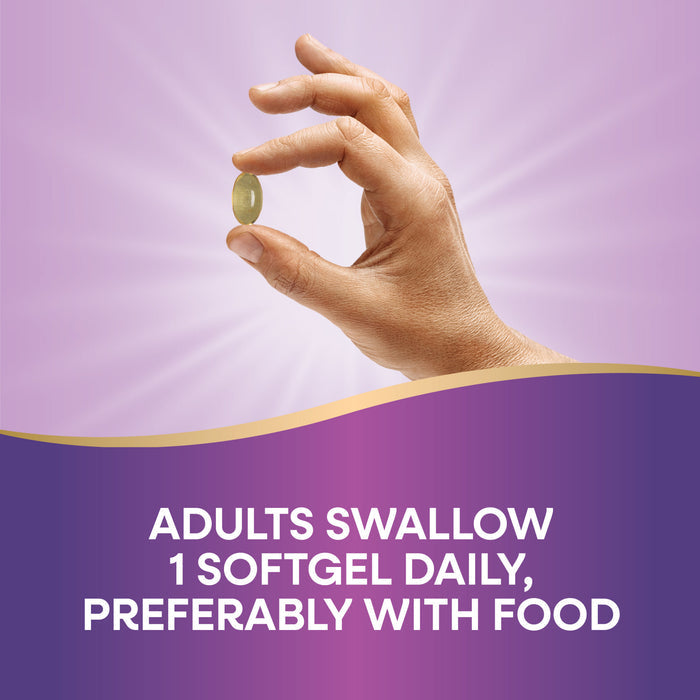 A hand holds a Vitamin D3 Max softgel by Natures Way against a purple background with rays. Text below: Adults take 1 softgel daily, preferably with food, to support immune function and calcium absorption.