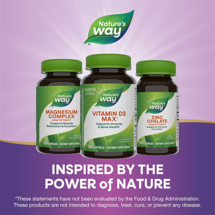 Nature’s Way Vitamin D3 Max is shown above the phrase “Inspired by the Power of Nature” on a purple background, highlighting its support for immune function and calcium absorption.