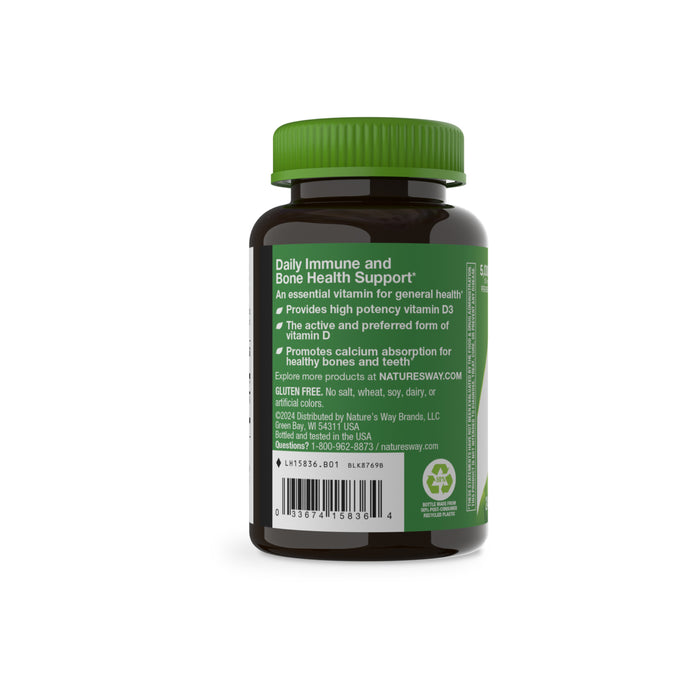 A dark green bottle of Natures Way Vitamin D3 Max features a green cap and a white label with green and yellow accents, supporting immune function and calcium absorption for daily bone health.