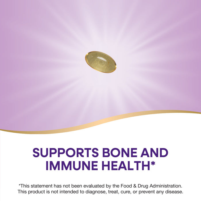 A single Vitamin D3 Max capsule from Natures Way is pictured on a white and purple background with text: Supports bone health, immune function, and calcium absorption.* FDA evaluation disclaimer shown below.