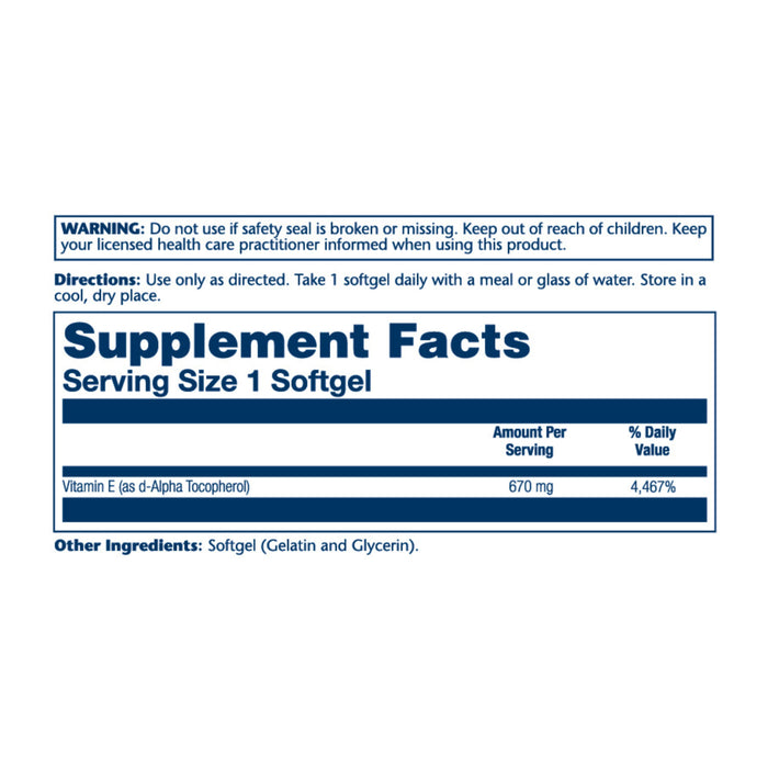 An image of Solarays Vitamin E High Potency Natural Source Softgel supplement facts label shows 670 mg of vitamin E per serving (4,467% daily value), promoting antioxidant activity. It includes a warning, usage directions, and ingredients: gelatin and glycerin.