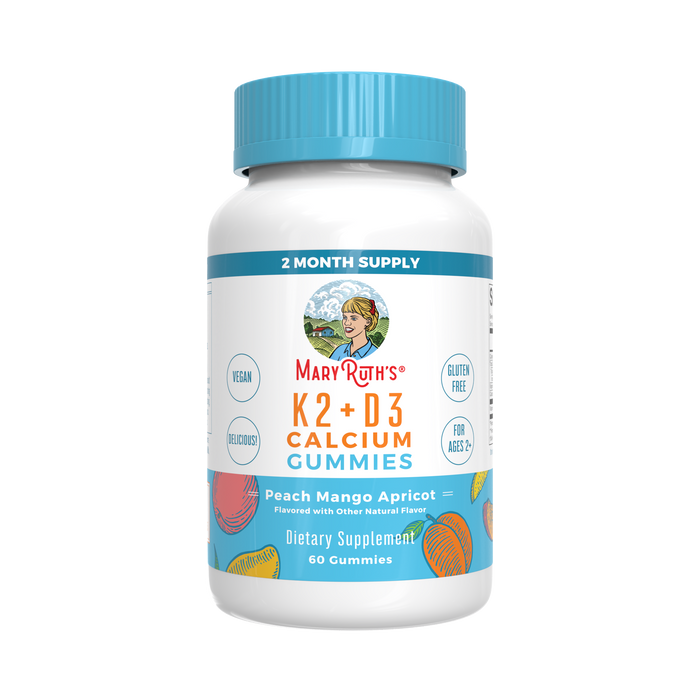 MaryRuths Vitamin K2+D3 Calcium Gummies come in a 60-count bottle with a blue cap and feature a vintage illustration of a woman. These peach-mango-apricot flavored gummies are vegan, gluten-free, suitable for ages 2+, and offer a nourishing 2-month supply.