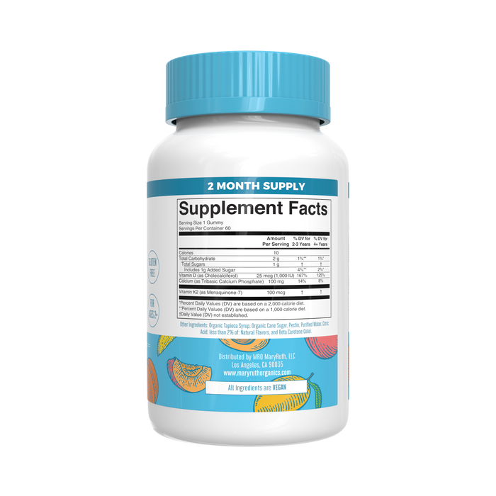A white MaryRuths supplement bottle with a blue cap labeled Vitamin K2+D3 Calcium Gummies for a 2-month supply highlights nutritional details under Supplement Facts. The vibrant fruit-illustrated label states all ingredients are vegan, providing K2 and D3 benefits in convenient gummies.