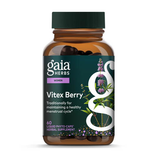 Gaia Herbs Vitex Berry, 60 liquid phyto-caps, supports hormone balance and a healthy menstrual cycle for women. The bottle label features a purple flower with green leaves.