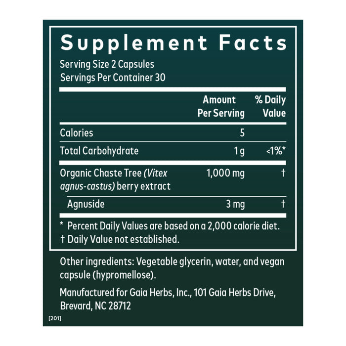 The Gaia Herbs Vitex Berry Supplement Facts label shows a serving size of 2 capsules, 30 servings per container, 5 calories, 1g total carbs (<1% DV), plus Vitex berry extract (1000mg) and agnuside (3mg) for hormone and menstrual cycle support.