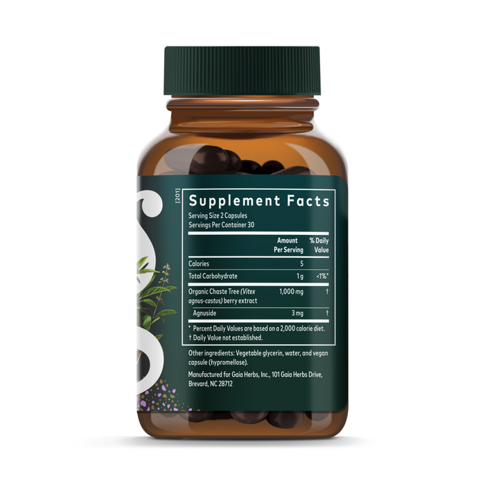 A brown Gaia Herbs Vitex Berry supplement bottle with a green label shows Supplement Facts and partial plant illustrations. It features organic chaste tree extract (Vitex berry) with agnuside for hormone balance and contains black capsules.
