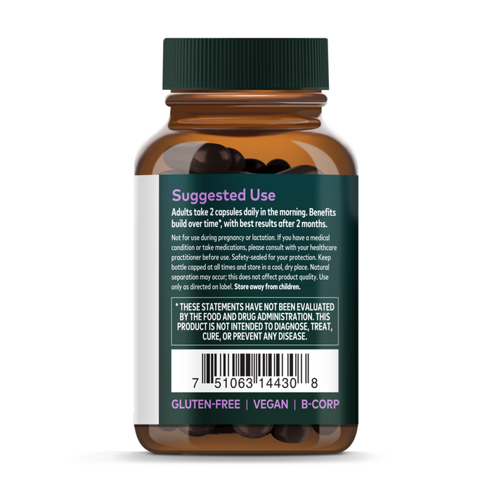 A brown Gaia Herbs Vitex Berry supplement bottle featuring suggested use instructions, a barcode, an FDA disclaimer, and icons for gluten-free, vegan, and B-Corp certification—ideal for supporting hormone balance.