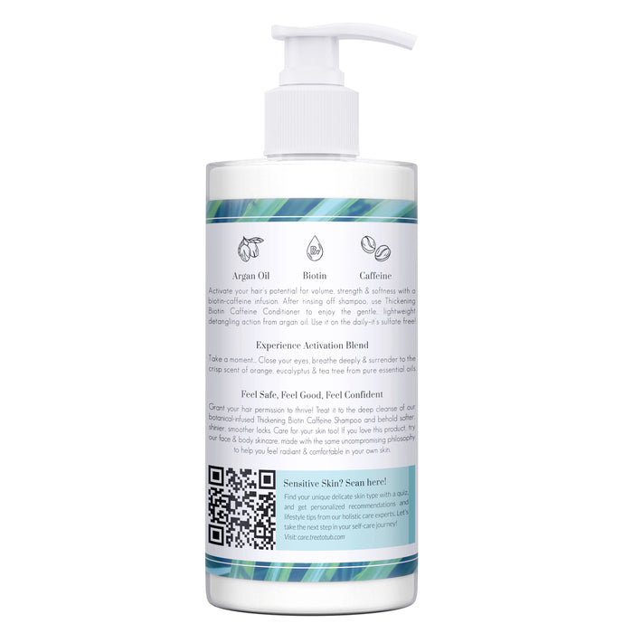 The Tree To Tub shampoo bottle with pump highlights Biotin and Caffeine benefits. It details usage with its partner, the Volumizing Caffeine & Biotin Conditioner for Fuller, Thicker Hair. Scan the bottom QR code for sensitive skin info.
