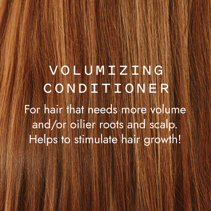 Close-up of brown hair with text: Good Juju Body & Home Volumizing Conditioner Bar. Ideal for oily and fine hair, this natural conditioner boosts root volume and supports healthy hair growth!.
