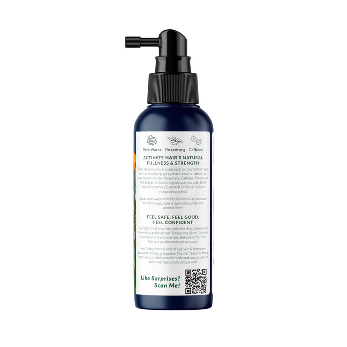 Meet Tree To Tubs Volumizing Rosemary & Rice Water Hair Spray for Fuller, Thicker Hair, a hair health hero in a dark blue bottle with a sleek black pump. Enriched with rice water, rosemary, and caffeine, it boosts natural fullness and strength. The label features text and a QR code for premium care details.