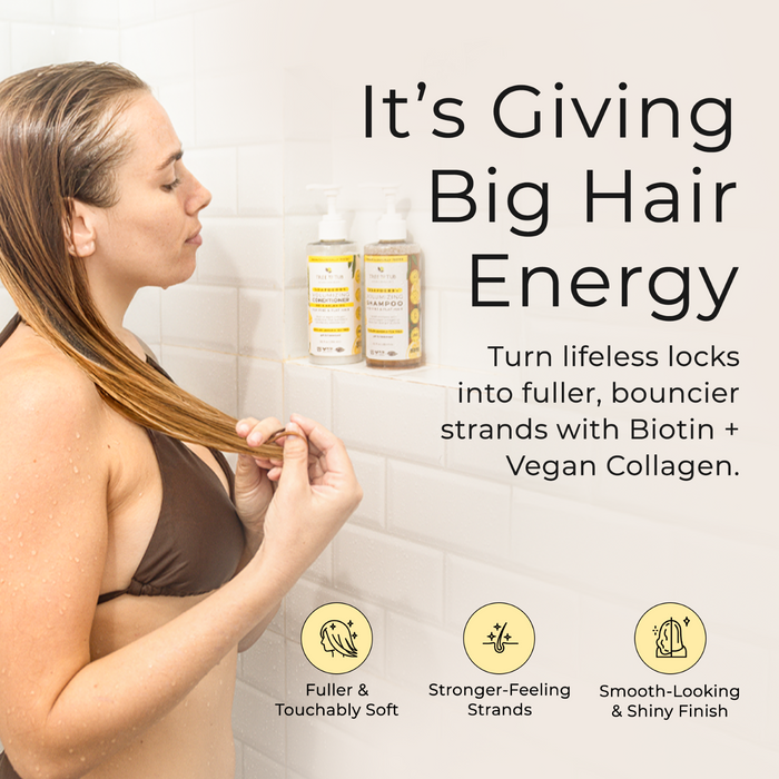 A woman in a brown bikini touches her wet hair in the shower as text promotes Tree To Tub’s Thickening Collagen and Biotin Shampoo & Conditioner Starter Set for fuller, softer, smoother hair. Three icons highlight its key benefits.