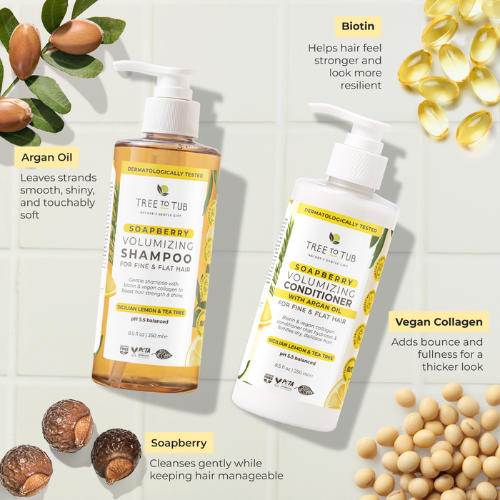 Tree To Tub’s Thickening Collagen and Biotin Shampoo & Conditioner Starter Set is displayed with soapberries and argan nuts, highlighting key ingredients that support hair thickening and health.