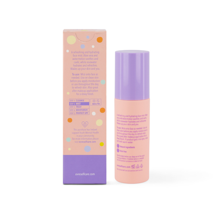 The evre. Wake Me Up Watermelon & Rose Face Mist comes in a pink bottle with a pastel purple cap, complemented by a box with colorful dots. It highlights its refreshing benefits, offering aloe vera soothing and rosewater hydration for rejuvenated skin.