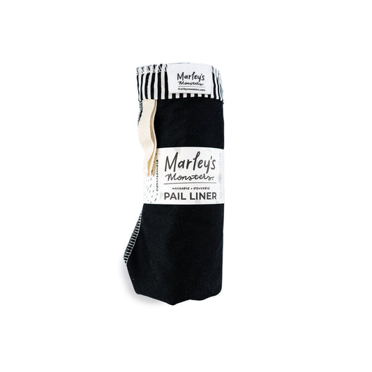 Marleys Monsters Washable Trash & Recycling Bag features a rolled-up, water-resistant black exterior with a striped top. The brands label, displaying the product name in black and gray on white, is clearly visible.