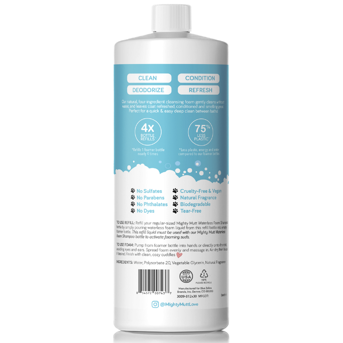 The Mighty Mutt Waterless Foam Pet Shampoo Refill features a hypoallergenic formula in a white bottle with a blue label. This eco-friendly, vegan, and cruelty-free shampoo cleans, conditions, deodorizes, and refreshes your pets coat without water.