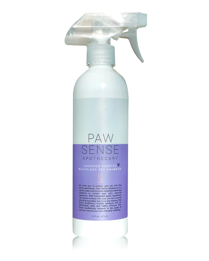 The Paw Sense Waterless Pet Shampoo is ideal for cat and dog grooming. It comes in a white spray bottle with a purple label and clear trigger nozzle, providing a lavender-scented, no-rinse hygiene solution for pets.